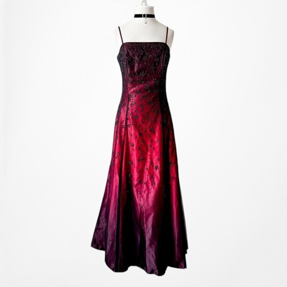 Vintage Burgundy Red Floral Beaded Ombre Mesh Satin Fit Flared Maxi Prom Dress L - Picture 4 of 7